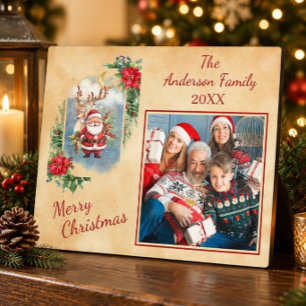 Vintage-Weihnachtsmann-und-Rentier-Weihnachtsfamil Fotoplatte