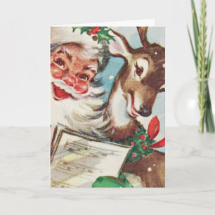 Vintage Weihnachtsmann und Rentiere Feiertagskarte