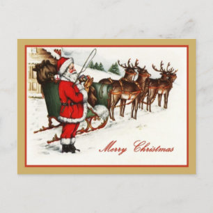 Vintage Weihnachtsmann und Rentiere Frohe Weihnach Feiertagspostkarte