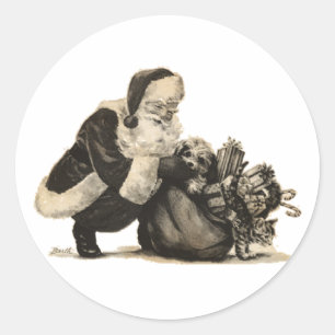 Vintage-Weihnachtsmann und Spielzeugtasche Aufkleb Runder Aufkleber