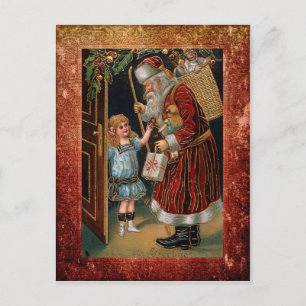 Vintage Weihnachtsmann und Stechpalme Postkarte