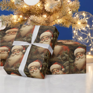Vintage-Weihnachtsmann und Tannenzweige Geschenkpapier