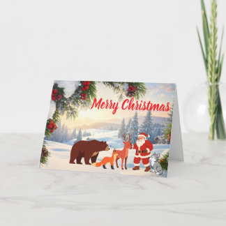 Vintage Weihnachtsmann und Waldtiere im Schnee Feiertagskarte