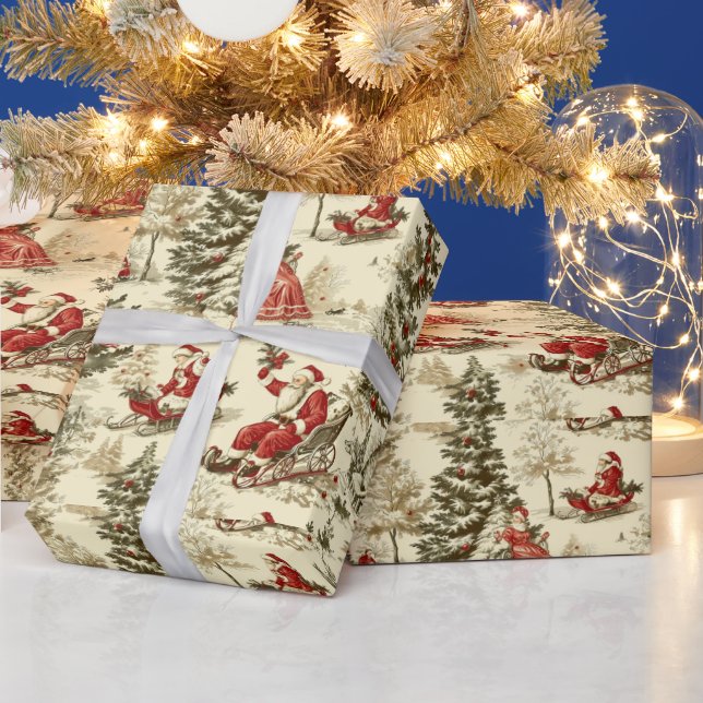 Vintage-Weihnachtsmann-Wald-Schlittenfahrt-Muster Geschenkpapier (Feiertage)