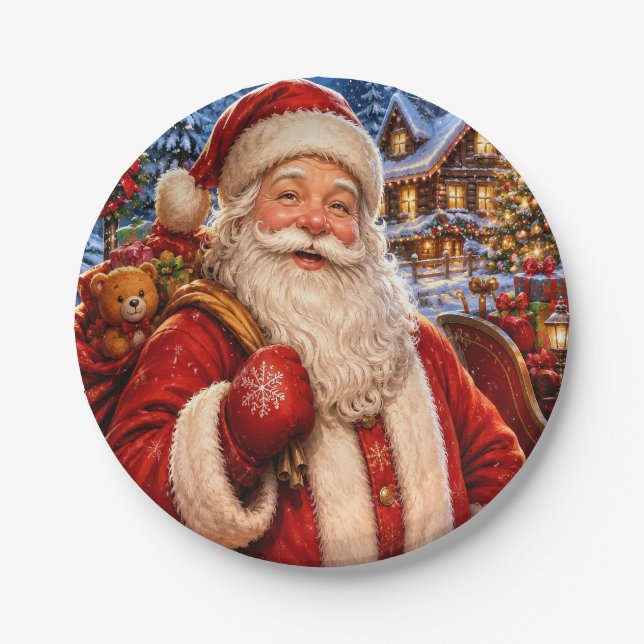 Vintage-Weihnachtsmann-Weihnachtspapierteller Pappteller (Vorderseite)