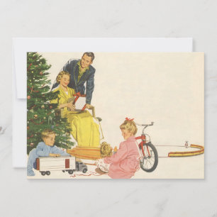 Vintage Weihnachtsmorgen, Familie öffnet Geschenke Feiertagskarte