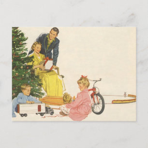 Vintage Weihnachtsmorgen, Familie öffnet Geschenke Feiertagspostkarte
