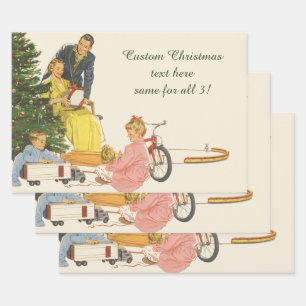 Vintage Weihnachtsmorgen, Familie öffnet Geschenke Geschenkpapier Set