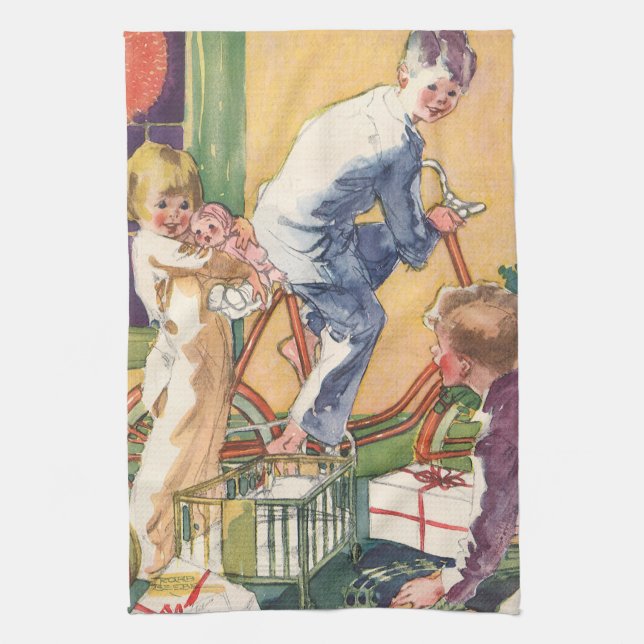 Vintage Weihnachtsmorgen, Kinder mit Geschenken Geschirrtuch (Vertikal)