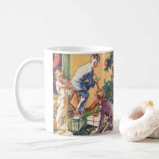 Vintage Weihnachtsmorgen, Kinder mit Geschenken Tasse (Mit Donut)