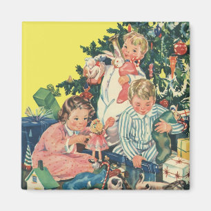 Vintage Weihnachtsmorgen, Kinder öffnen Geschenke Magnet