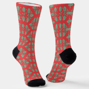 Vintage-Weihnachtsmuster, grüne rote Stechpalmenbe Socken