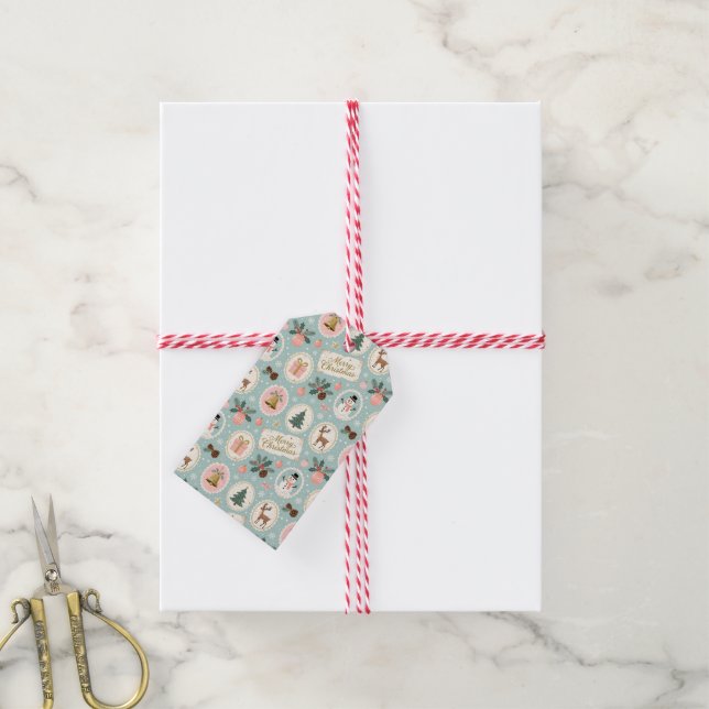 Vintage-Weihnachtsmuster-Wrap-Papier Geschenkanhänger (Mit Garn)