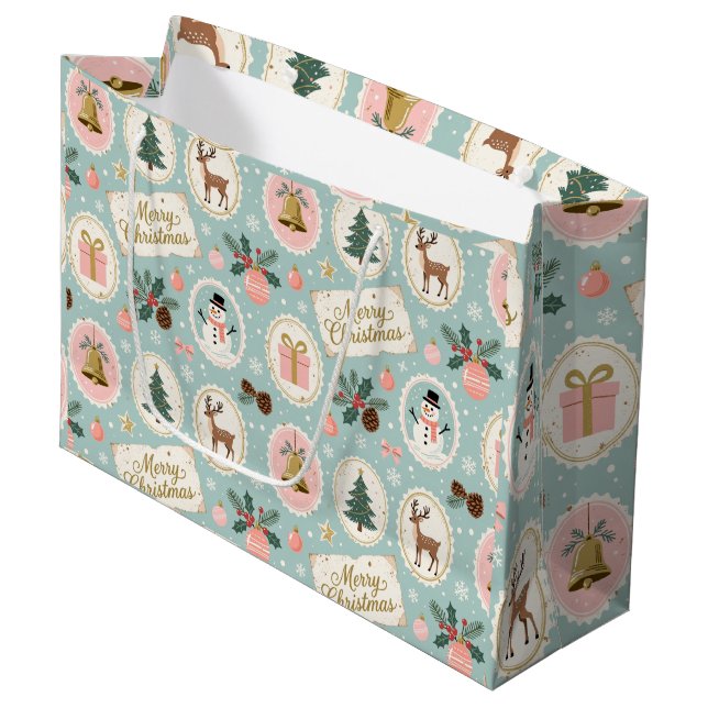 Vintage-Weihnachtsmuster-Wrap-Papier Große Geschenktüte (Vorderseite Schrägansicht)
