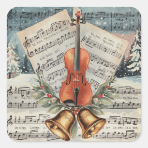 Vintage-Weihnachtsnoten mit einer Violine Quadratischer Aufkleber