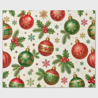 Vintage-Weihnachtsornamente & Stechpalmen-Muster – Geschenkpapier