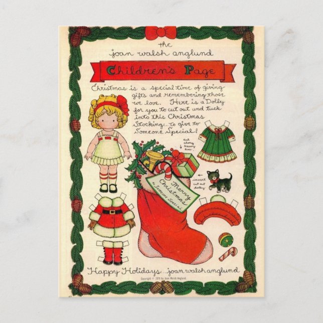 Vintage Weihnachtspapier-Puppen-Postkarte Feiertagspostkarte (Vorderseite)