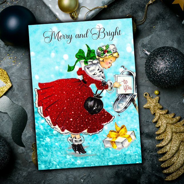 Vintage Weihnachtspost Rotes Glitzer Mädchen Feiertagskarte (Von Creator hochgeladen)