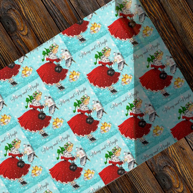 Vintage Weihnachtspost Rotes Glitzer Mädchen Geschenkpapier (Von Creator hochgeladen)