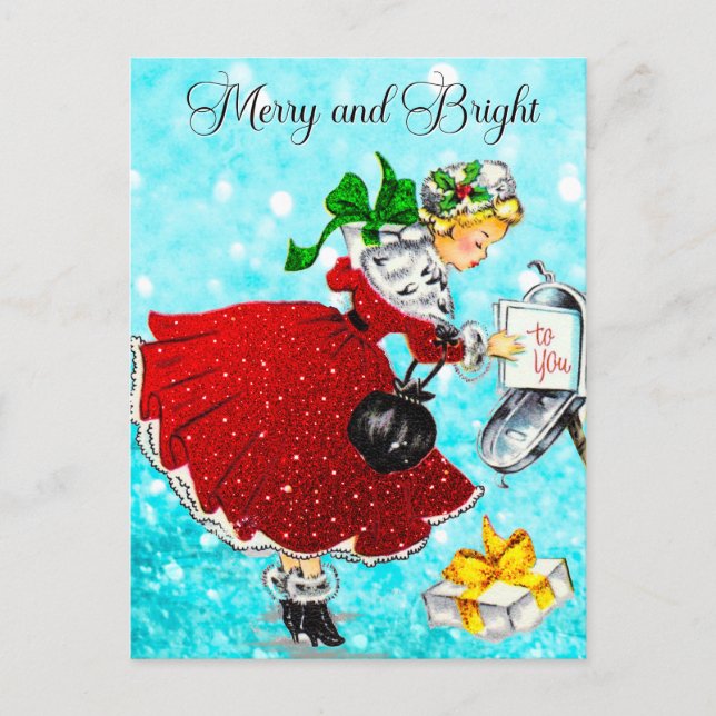 Vintage Weihnachtspost Rotes Glitzer Mädchen Postkarte (Vorderseite)