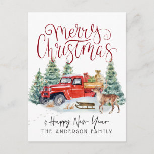 Vintage-Weihnachtspostkarte mit rotem Lastwagen Feiertagspostkarte