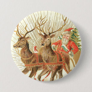 Vintage-Weihnachtspostkarte, Santa mit Rentieren Button