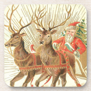 Vintage-Weihnachtspostkarte, Santa mit Rentieren Getränkeuntersetzer