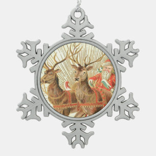 Vintage Weihnachtspostkarte, Santa mit Rentieren Schneeflocken Zinn-Ornament