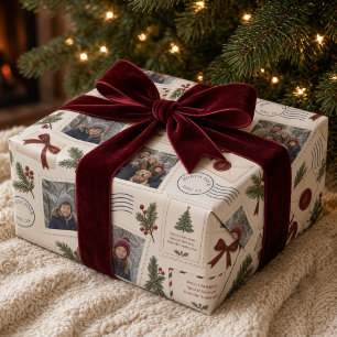 Vintage-Weihnachtspostkarten-Fotocollage Burgunder Geschenkpapier