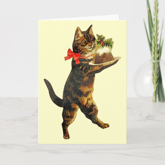 Vintage Weihnachtspudding-Katzen-Karte Feiertagskarte (Vorderseite)