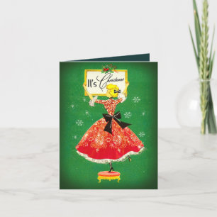 Vintage-Weihnachtsrahmen grün rot glitzernd Mädche Einladung