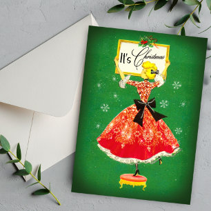 Vintage-Weihnachtsrahmen grün rot glitzernd Mädche Einladung