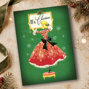 Vintage-Weihnachtsrahmen grün rot glitzerndes Mädc Dankeskarte