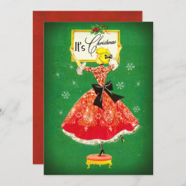 Vintage Weihnachtsrahmen Grün Roter Glitzer Mädche Dankeskarte