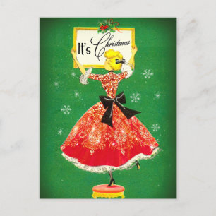 Vintage Weihnachtsrahmen Grün Roter Glitzer Mädche Postkarte