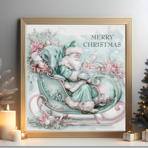 Vintage-Weihnachtsrodel Santa Claus in Blau Türkis Poster