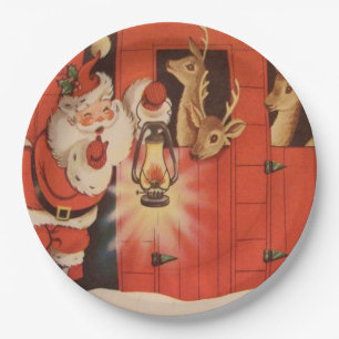 Vintage Weihnachtssankt-Ren-Partyplatte Pappteller