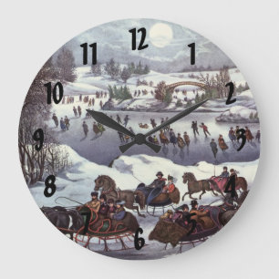 Vintage Weihnachtsschlitten, Central Park im Winte Große Wanduhr