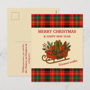 Vintage-Weihnachtsschlitten mit Geschenken und Kar Feiertagspostkarte