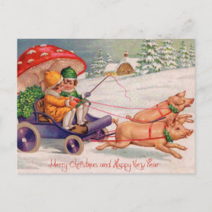 Vintage-Weihnachtsschweine ziehen Mädchen in Pilz- Feiertagspostkarte