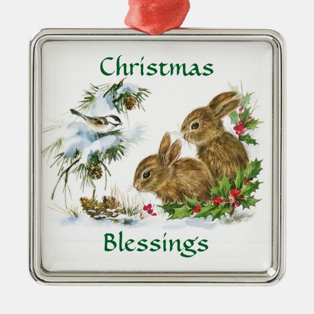 Vintage Weihnachtssegen-Häschen Silbernes Ornament (Vorne)