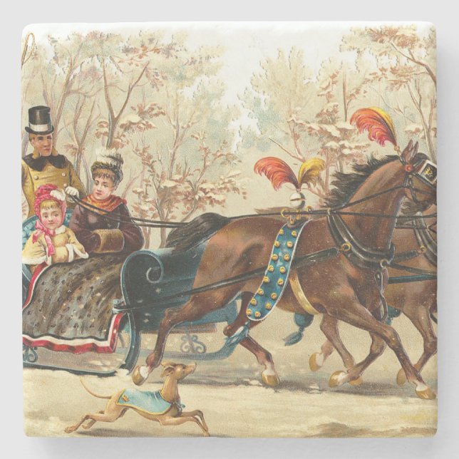 Vintage Weihnachtssleigh-Fahrt Steinuntersetzer (Vorderseite)