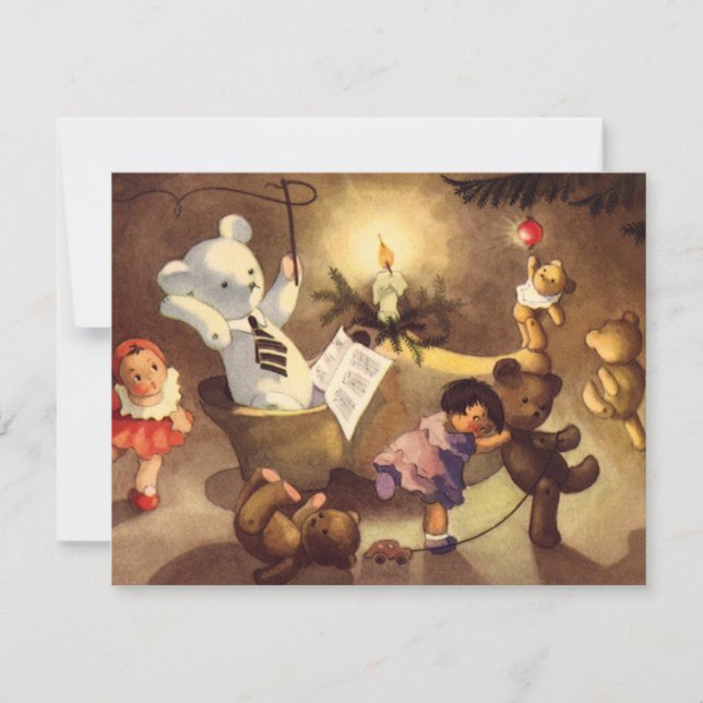 Vintage Weihnachtsspielzeug und Teddy Bears Einlad Einladung (Vorderseite)