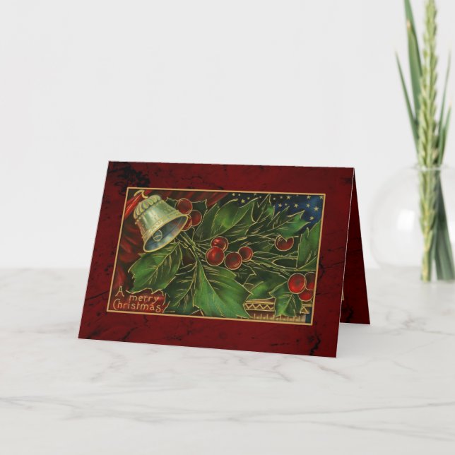 Vintage Weihnachtsstechpalme und -bell Feiertagskarte (Vorderseite)
