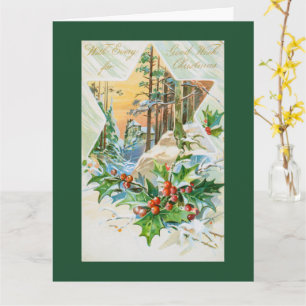Vintage-Weihnachtsstern und -Stechpalme zum Fest Karte
