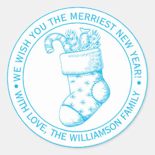 Vintage-Weihnachtsstrumpf Festliche Grüße Blaue Ti Runder Aufkleber