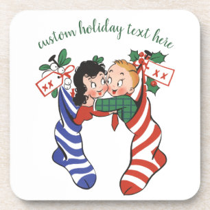 Vintage-Weihnachtsstrümpfe mit süßen Kindern Getränkeuntersetzer