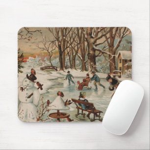 Vintage Weihnachtsszene Eislaufen Mousepad