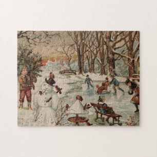Vintage Weihnachtsszene Eislaufen Puzzle