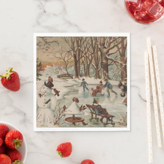 Vintage Weihnachtsszene Eislaufen Serviette